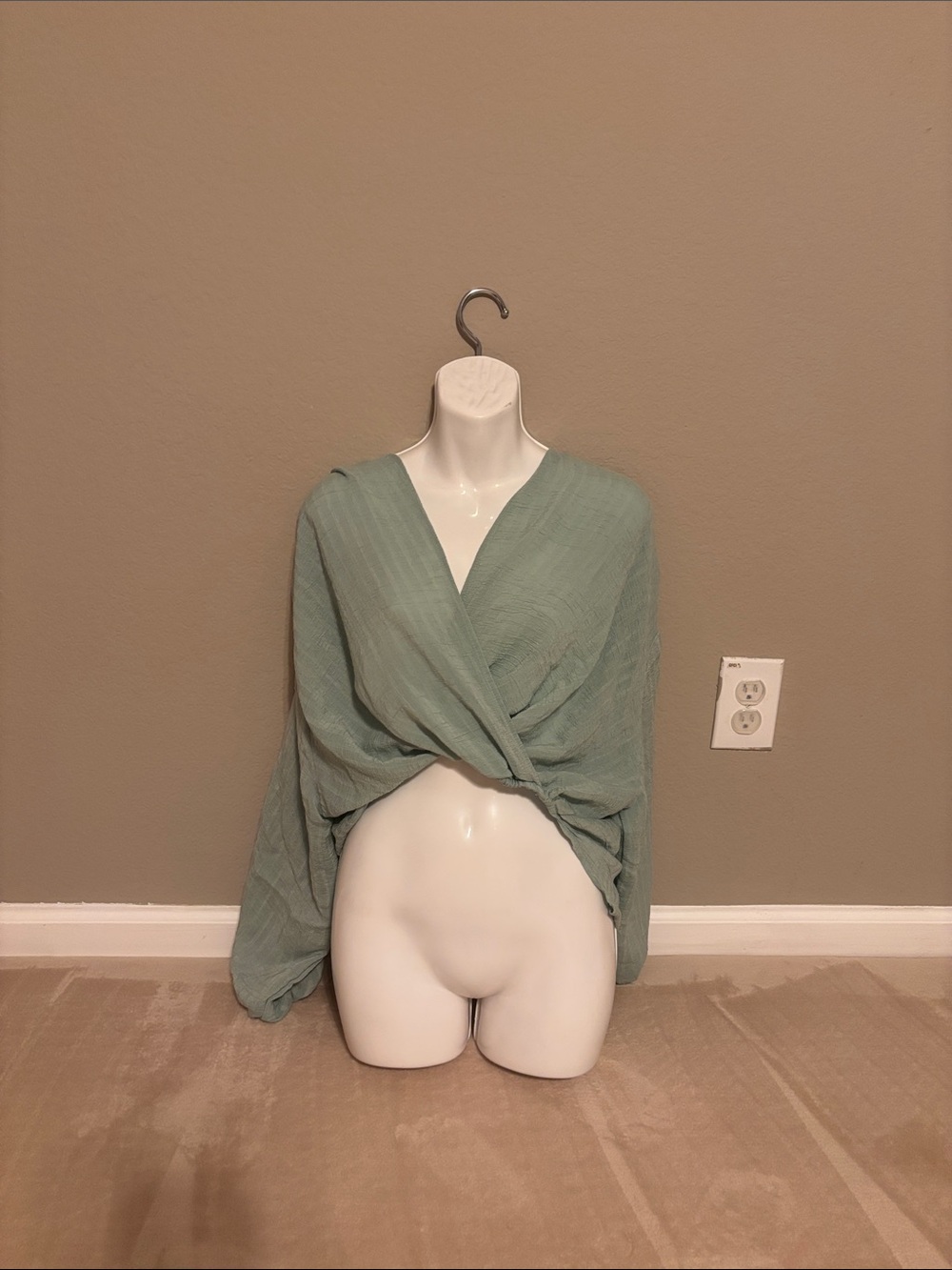 Twist-Front Cropped V-Neck Top in Sage Green